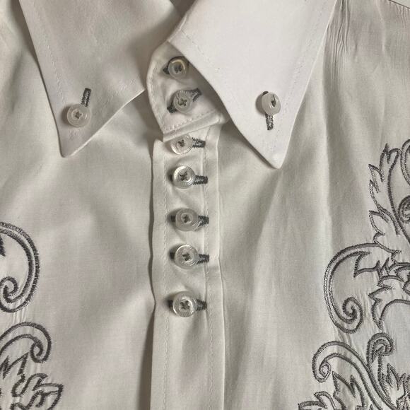 Embroidered white button-down shirt, mens large long sleeve pointed collar shirt - Picture 4 of 8